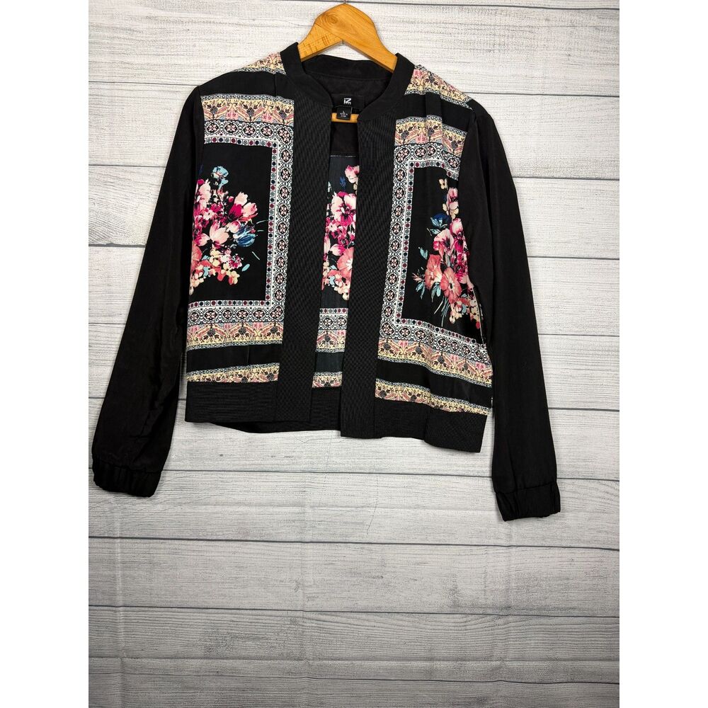 IZ Byer Women's Large Black Floral Border Print Open Front Jacket NWT 4791